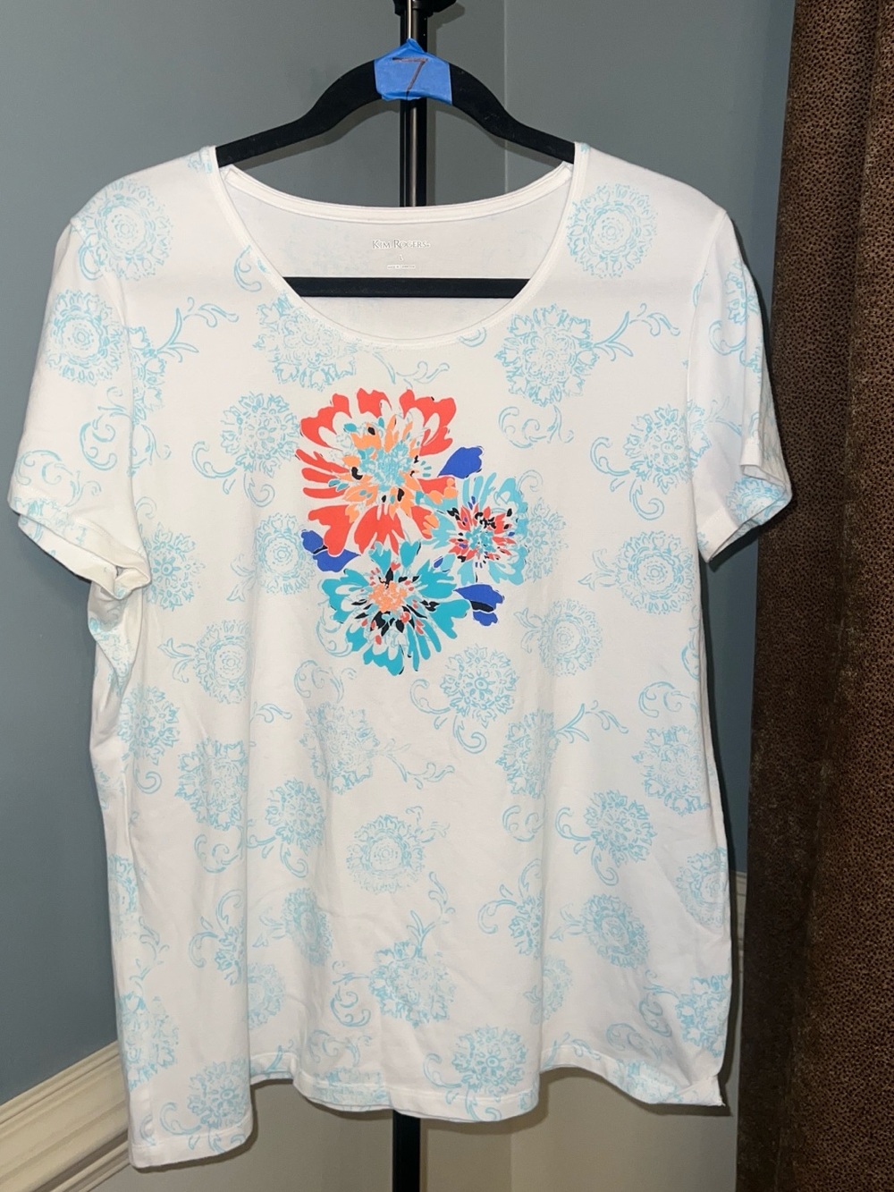 Kim Rogers White Tee with Coral and Turquoise Floral Cluster
